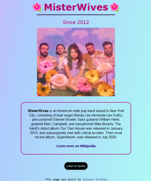 Screeshot of a basic webpage about the band MisterWives